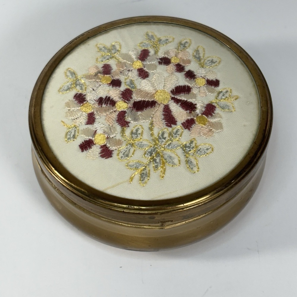 Vtg Floral Embroidered Gold trinket Box Petit Point Cottagecore Coquette